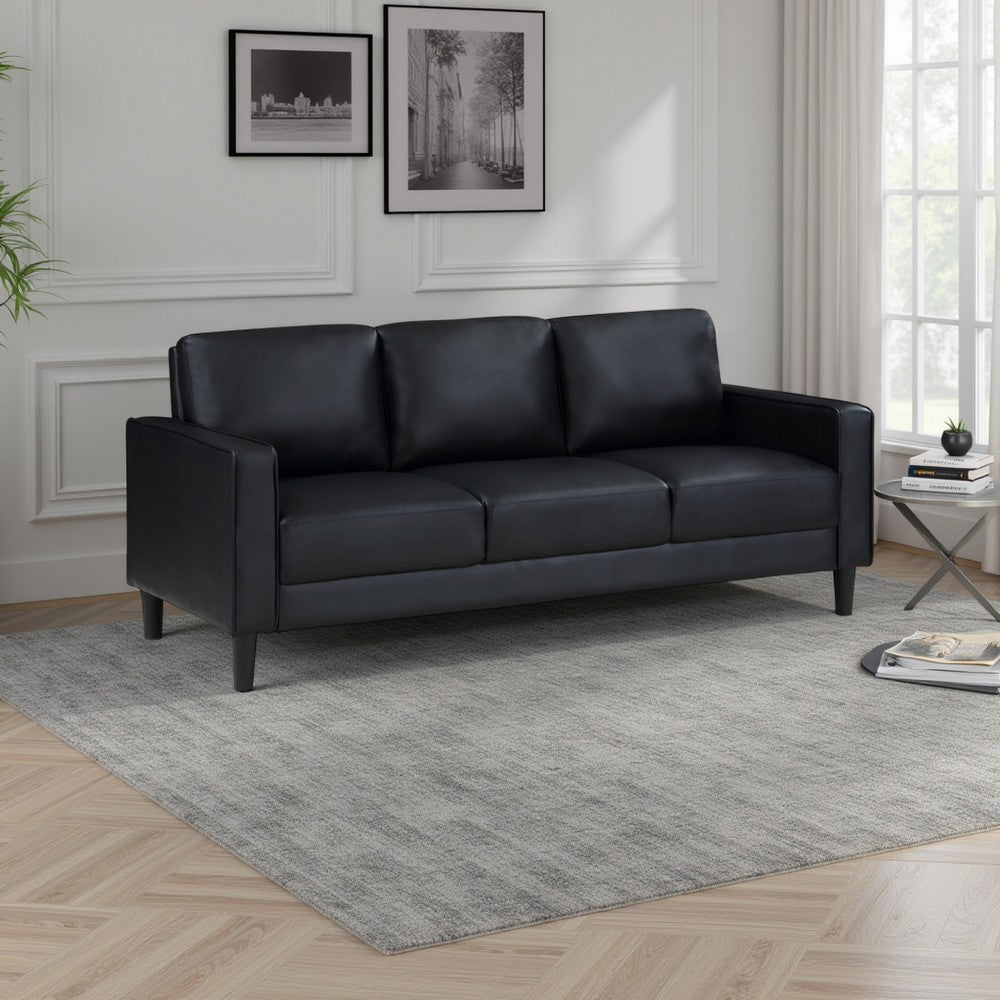 Rumi Sofa, Black Faux Leather, Modern Track Arms, Foam Cushions, 77 Inch By Casagear Home