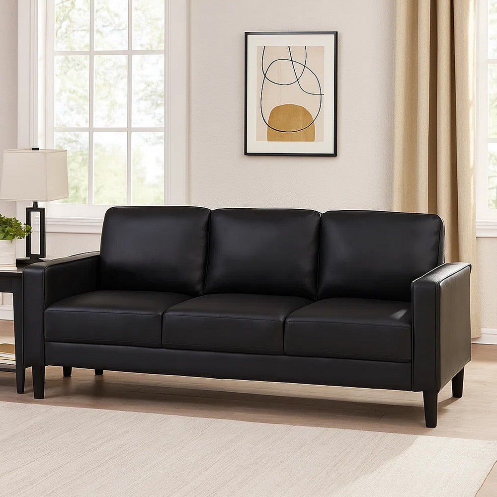Rumi Sofa, Black Faux Leather, Modern Track Arms, Foam Cushions, 77 Inch By Casagear Home