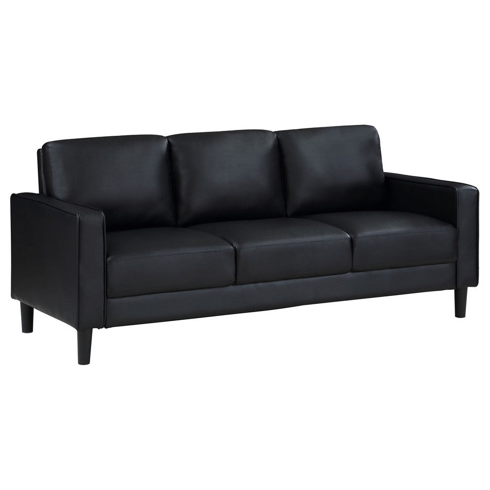 Rumi Sofa, Black Faux Leather, Modern Track Arms, Foam Cushions, 77 Inch By Casagear Home