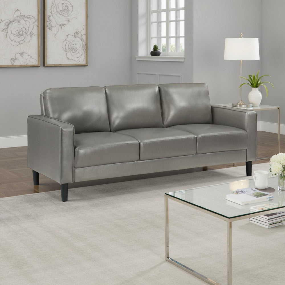 Rumi Sofa, Gray Faux Leather, Modern Track Arms, Foam Cushions, 77 Inch By Casagear Home