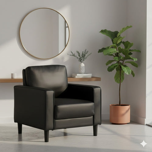 Rumi Accent Chair, Black Faux Leather, Modern Track Arms, Foam Cushions By Casagear Home