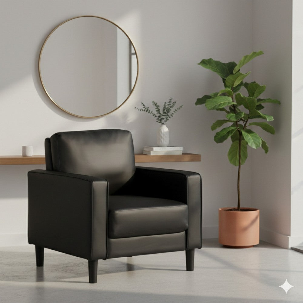 Rumi Accent Chair, Black Faux Leather, Modern Track Arms, Foam Cushions By Casagear Home