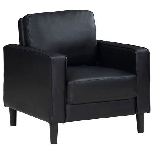 Rumi Accent Chair, Black Faux Leather, Modern Track Arms, Foam Cushions By Casagear Home