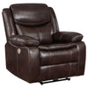 Susan Power Recliner, Dark Brown Faux Leather, USB Port, Pillow Top Arms By Casagear Home