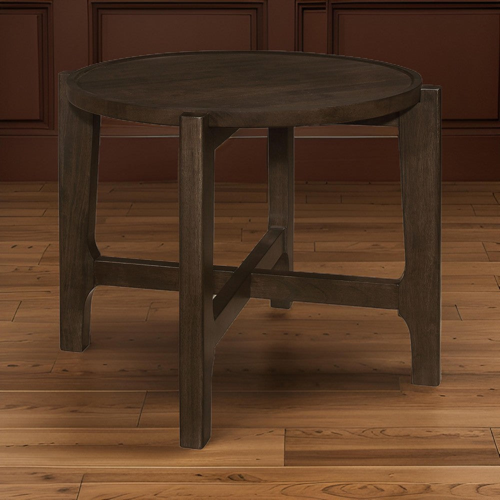 Katie End Table Round 26 Inch Top Dark Brown Solid Wood Cross Beam Legs By Casagear Home BM319099