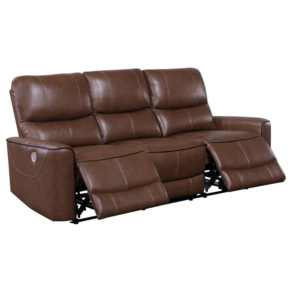 Lima Power Recliner Sofa Brown Faux Leather USB Port Cushions 83 Inch By Casagear Home BM319104