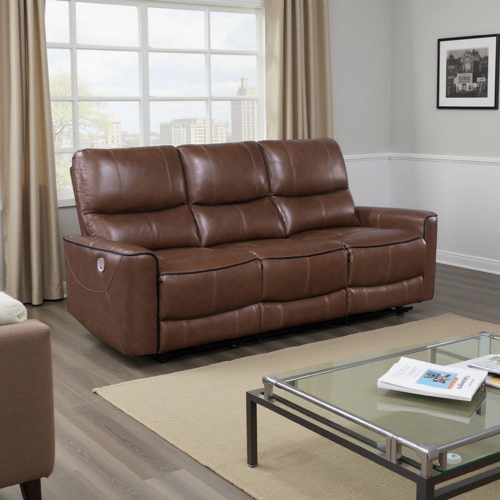 Lima Power Recliner Sofa, Brown Faux Leather, USB Port, Cushions, 83 Inch By Casagear Home