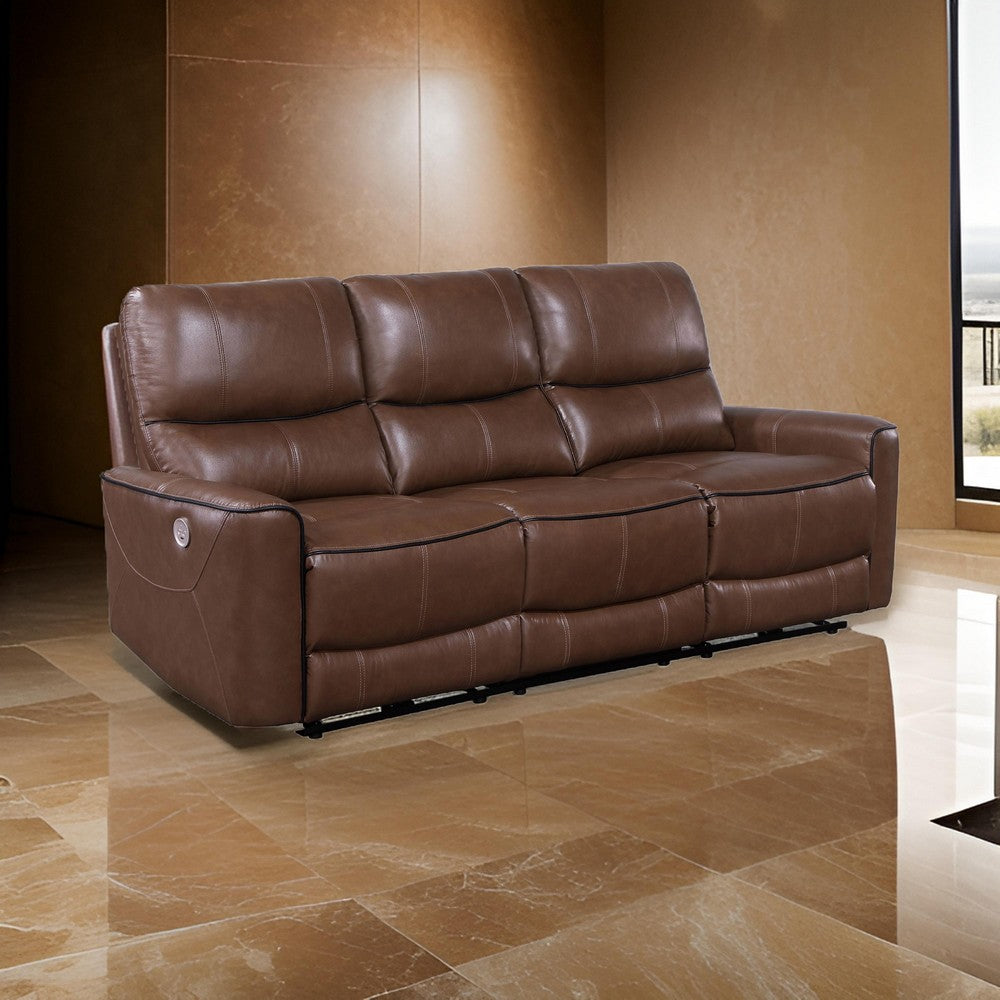 Lima Power Recliner Sofa, Brown Faux Leather, USB Port, Cushions, 83 Inch By Casagear Home