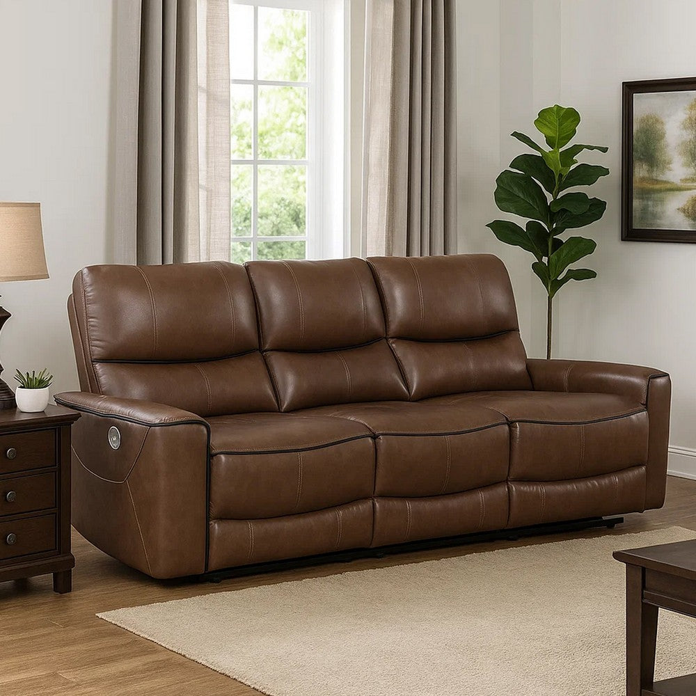 Lima Power Recliner Sofa, Brown Faux Leather, USB Port, Cushions, 83 Inch By Casagear Home