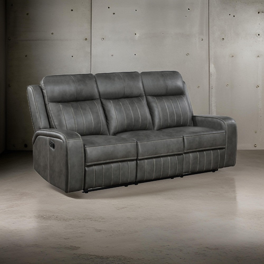 Josen Manual Recliner Sofa, Gray Faux Leather, Foam Cushions, 81 Inch By Casagear Home