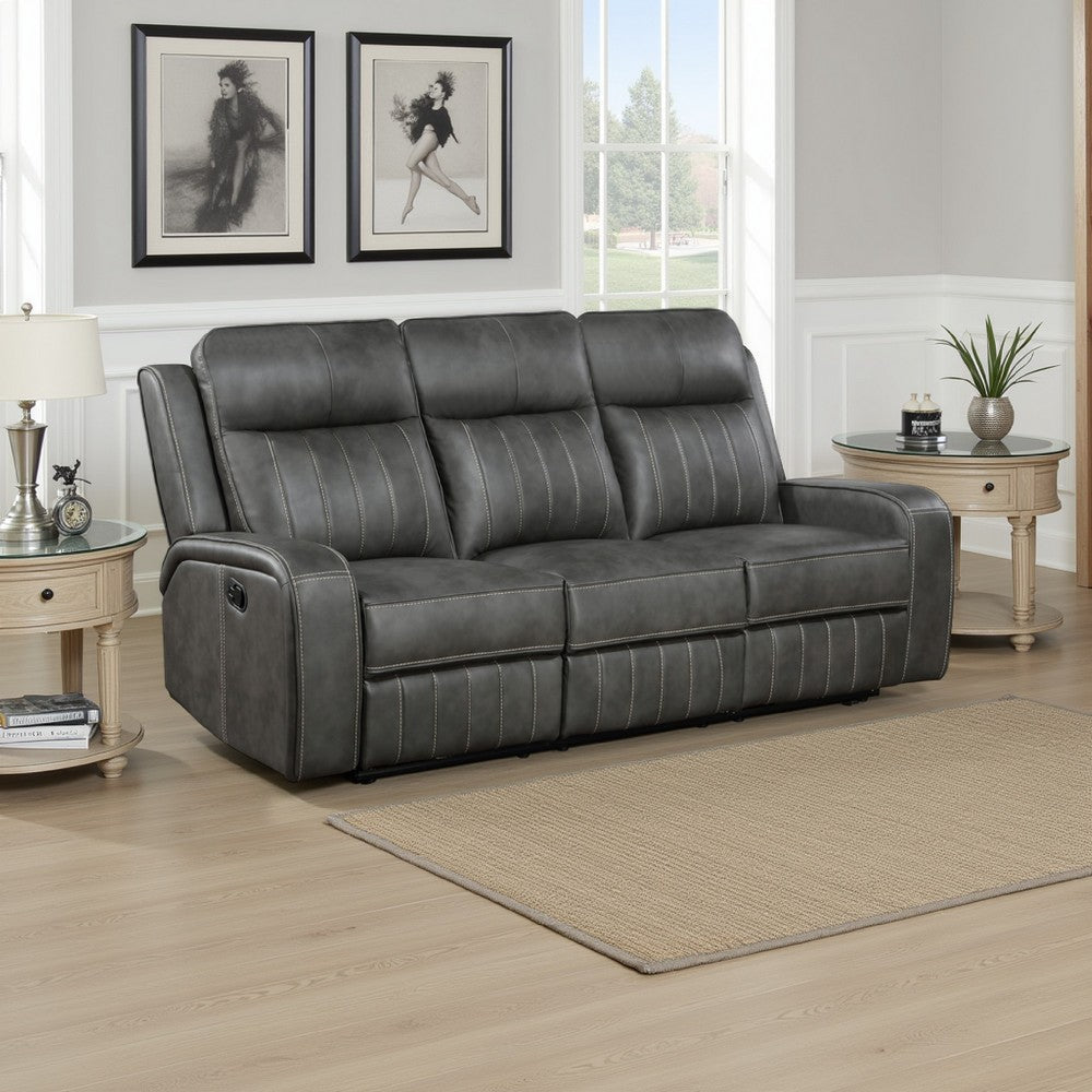 Josen Manual Recliner Sofa, Gray Faux Leather, Foam Cushions, 81 Inch By Casagear Home