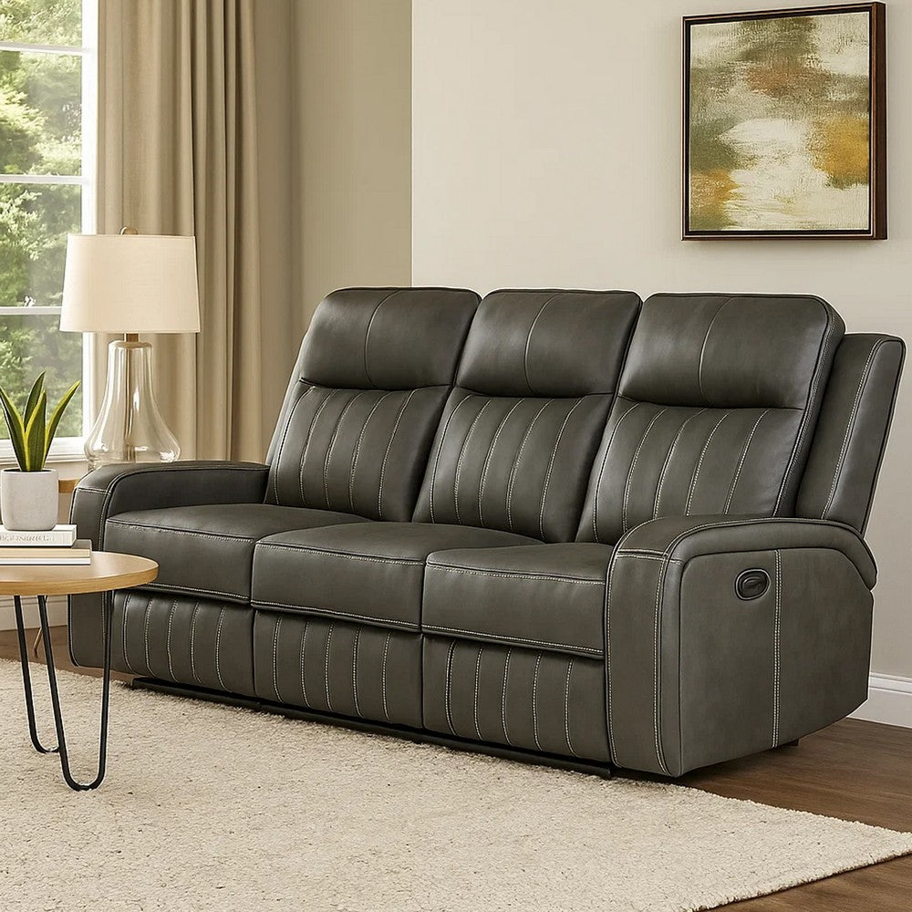 Josen Manual Recliner Sofa, Gray Faux Leather, Foam Cushions, 81 Inch By Casagear Home