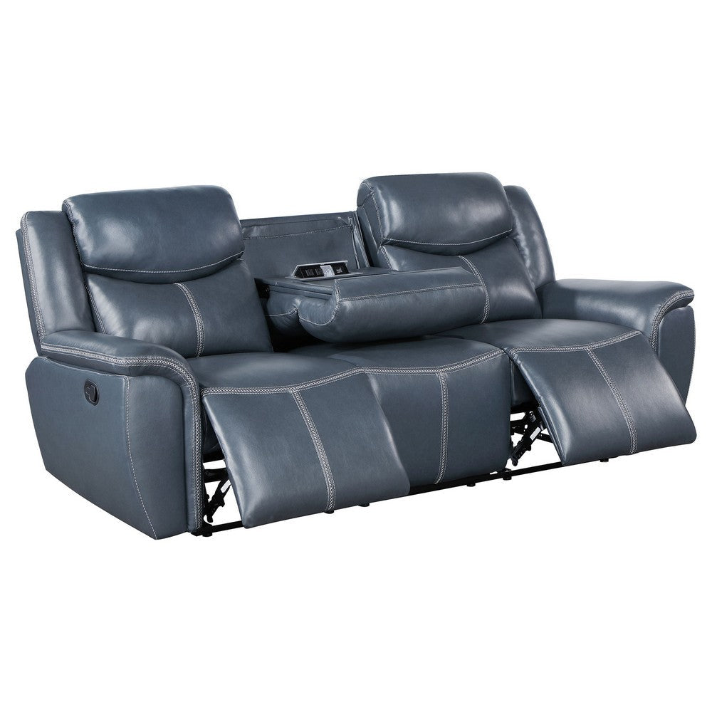 Eleni Manual Recliner Sofa Drop Down Table Blue Faux Leather 88 Inch By Casagear Home BM319112