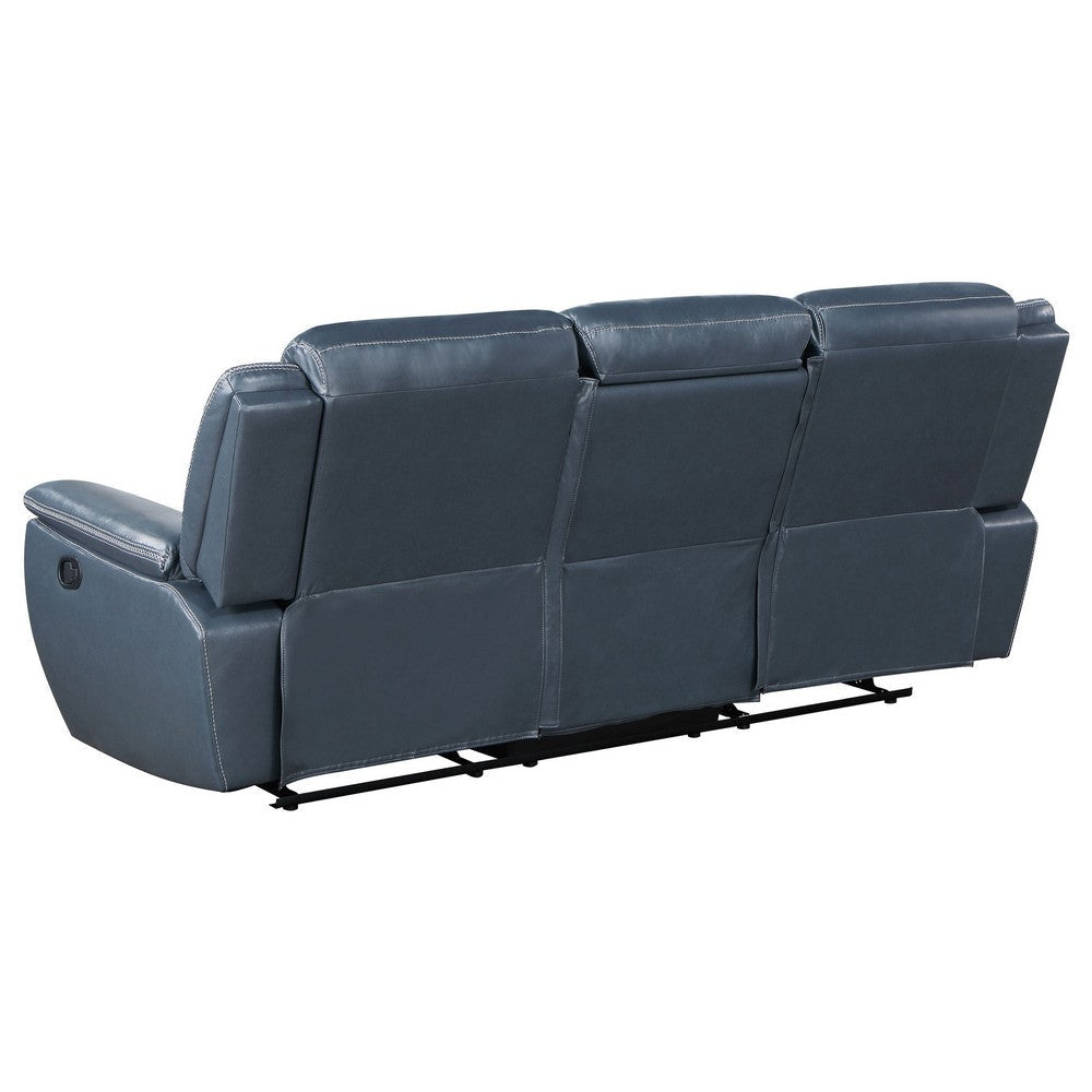 Eleni Manual Recliner Sofa Drop Down Table Blue Faux Leather 88 Inch By Casagear Home BM319112