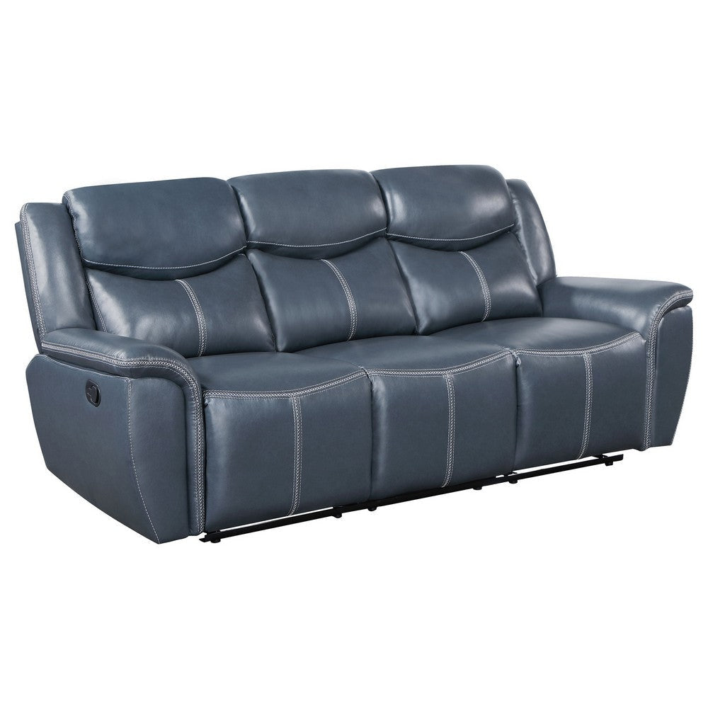 Eleni Manual Recliner Sofa, Drop Down Table, Blue Faux Leather, 88 Inch By Casagear Home