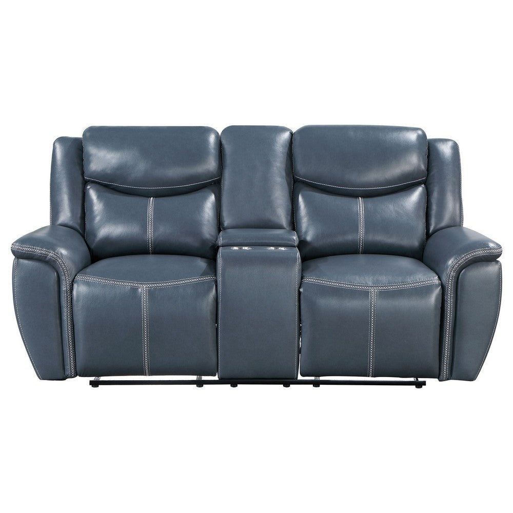 Eleni Manual Recliner Loveseat Cup Holders Blue Faux Leather 79 Inch By Casagear Home BM319113