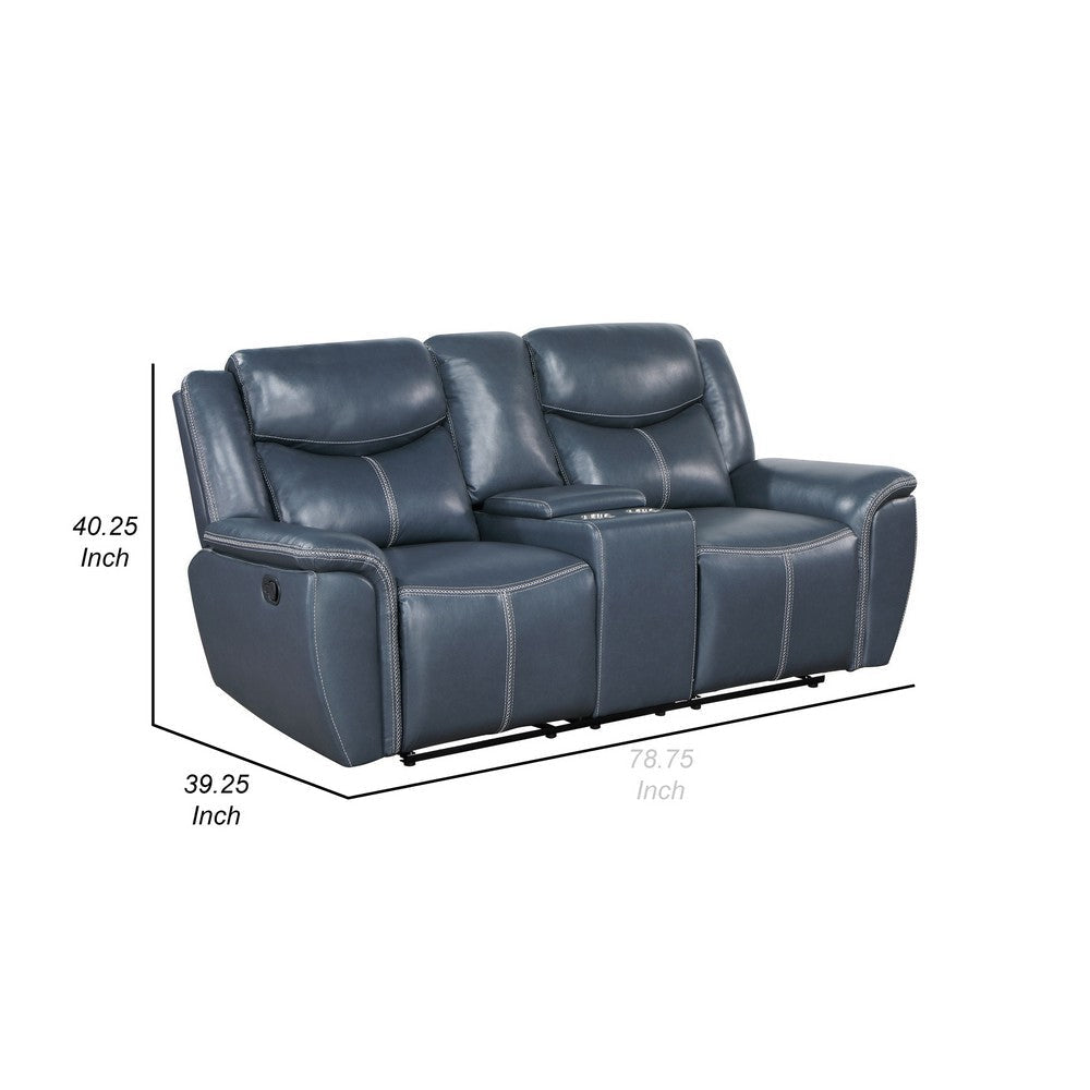 Eleni Manual Recliner Loveseat Cup Holders Blue Faux Leather 79 Inch By Casagear Home BM319113