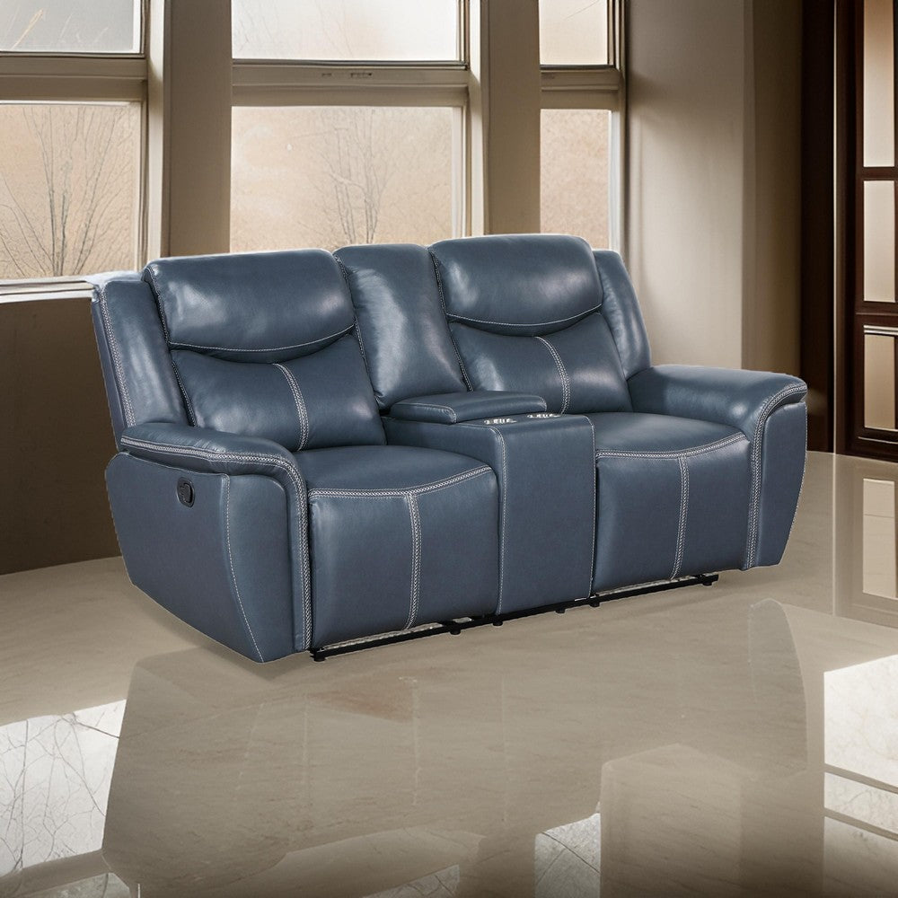 Eleni Manual Recliner Loveseat Cup Holders Blue Faux Leather 79 Inch By Casagear Home BM319113