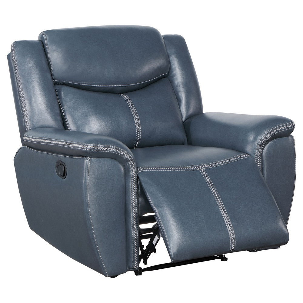 Eleni Manual Recliner Chair Blue Faux Leather Cushions Stitching Detail By Casagear Home BM319114