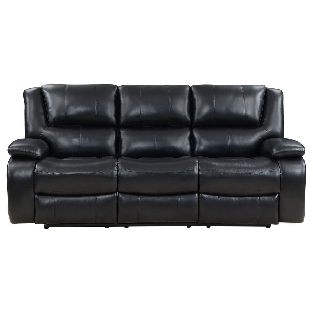 Mila Manual Recliner Sofa Black Faux Leather Pillow Top Arms 86 Inch By Casagear Home BM319115