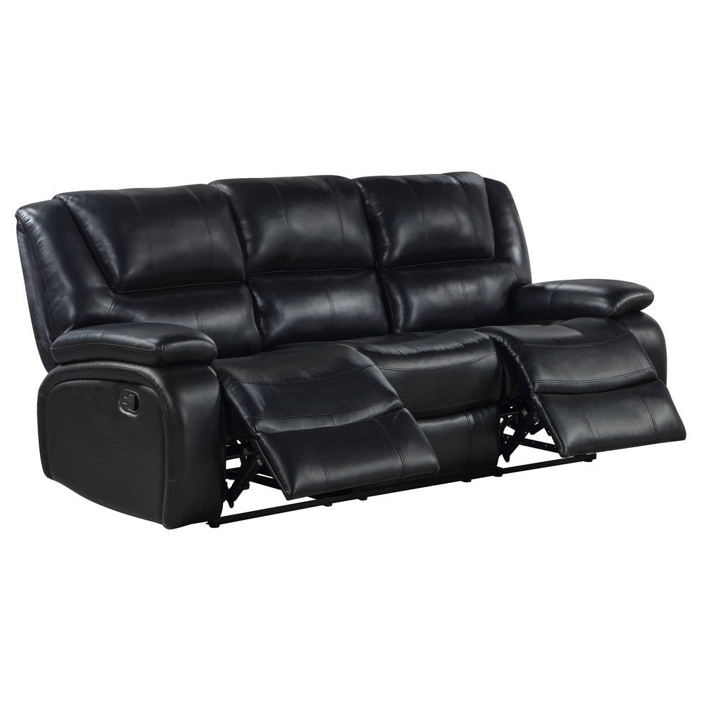 Mila Manual Recliner Sofa Black Faux Leather Pillow Top Arms 86 Inch By Casagear Home BM319115