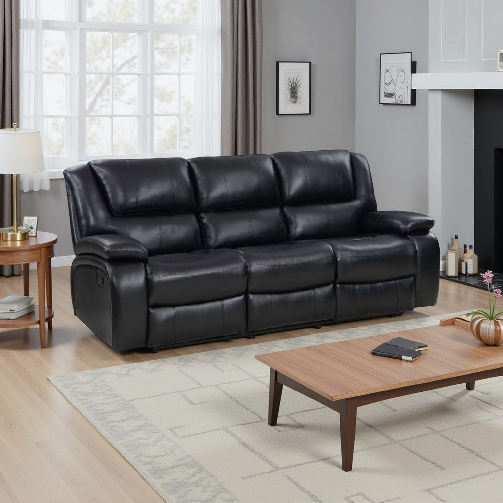 Mila Manual Recliner Sofa, Black Faux Leather, Pillow Top Arms, 86 Inch By Casagear Home