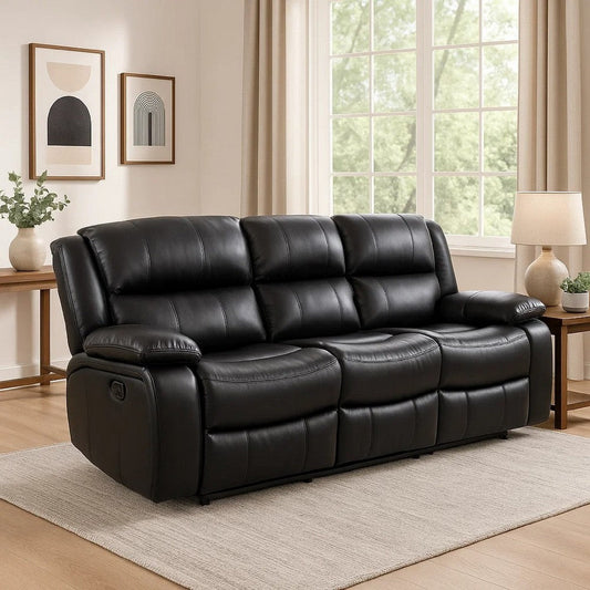 Mila Manual Recliner Sofa, Black Faux Leather, Pillow Top Arms, 86 Inch By Casagear Home