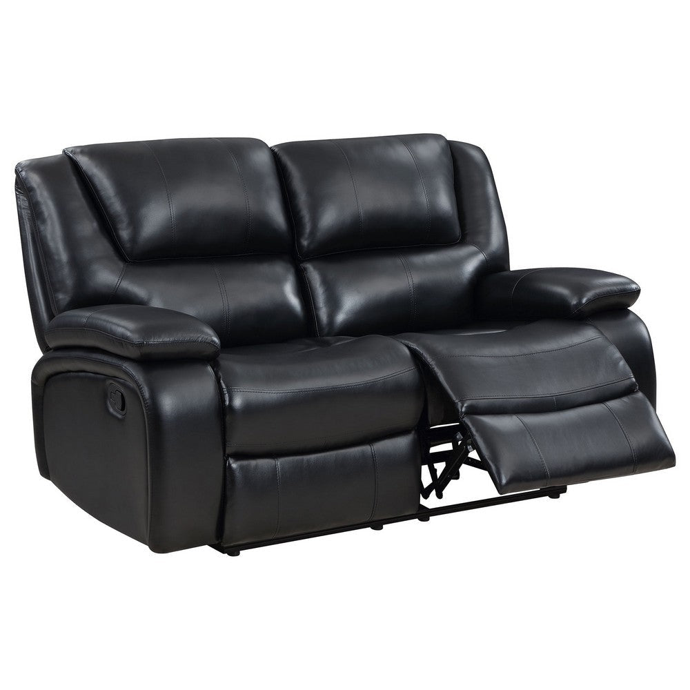 Mila Manual Recliner Loveseat Black Faux Leather Pillow Top Arms 62 Inch By Casagear Home BM319116