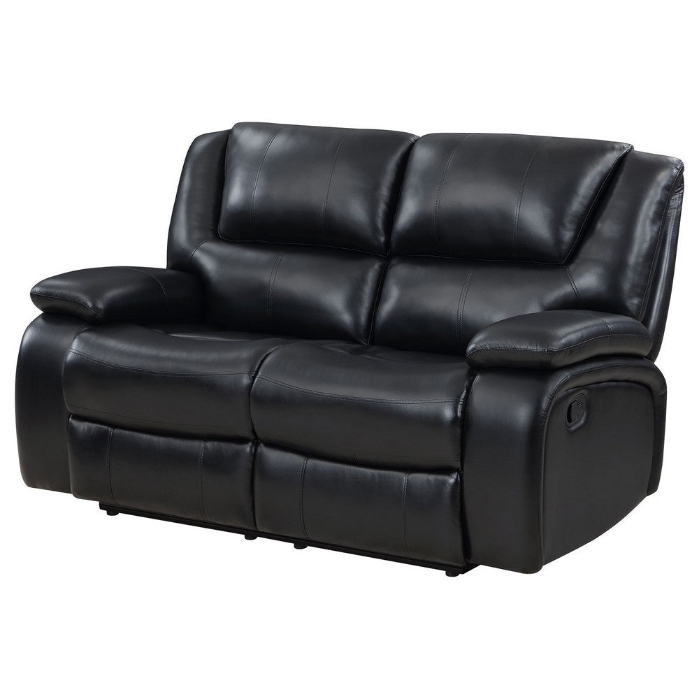 Mila Manual Recliner Loveseat Black Faux Leather Pillow Top Arms 62 Inch By Casagear Home BM319116