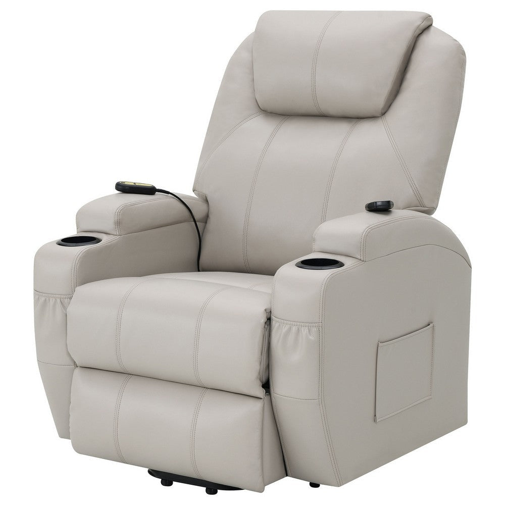 Sania Power Lift Recliner Chair Beige Faux Leather Cup Holders Massage By Casagear Home BM319121