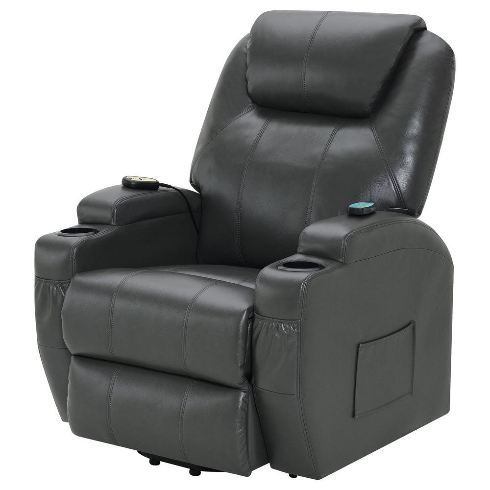 Sania Power Lift Recliner Chair Gray Faux Leather Cup Holders Massage By Casagear Home BM319122