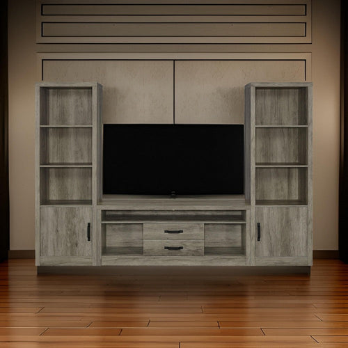 TV Entertainment Console with 2 Media Tower, 8 Compartments, Driftwood Gray By Casagear Home
