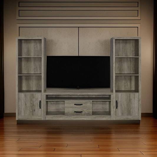 TV Entertainment Console with 2 Media Tower, 8 Compartments, Driftwood Gray By Casagear Home