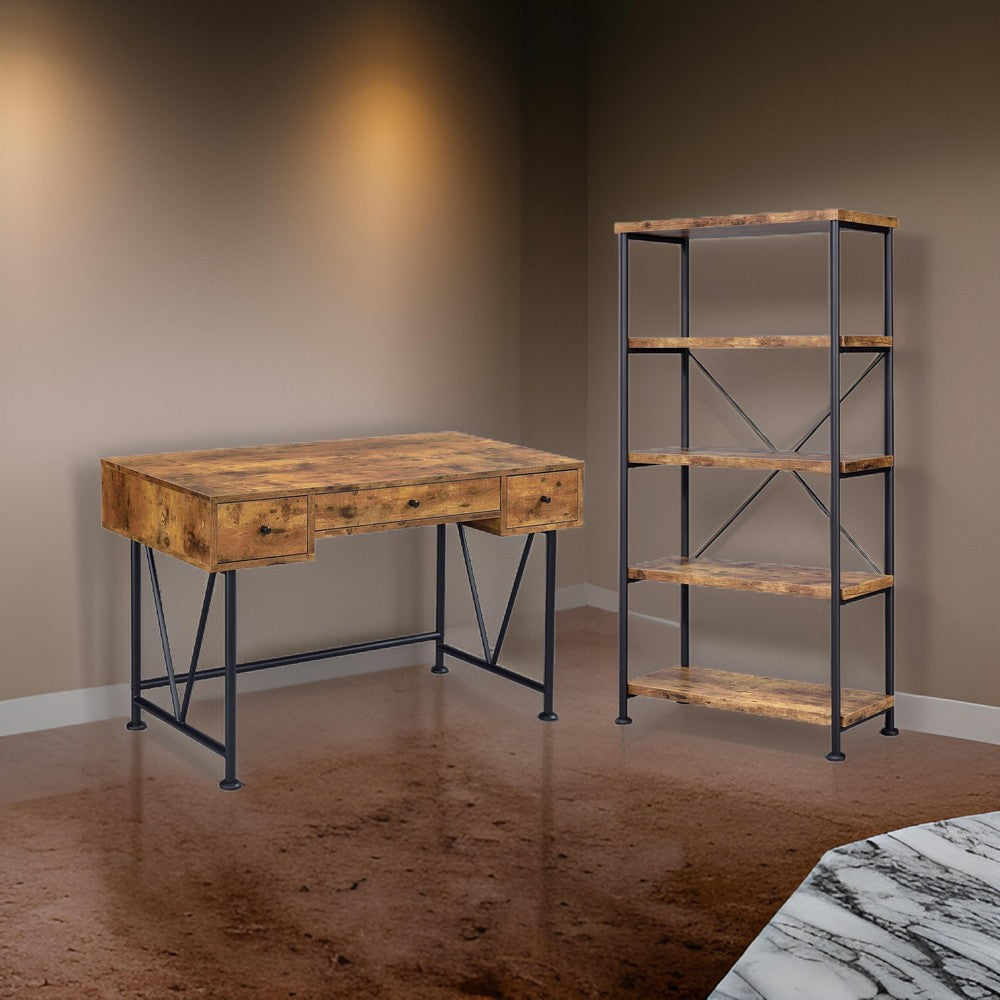 2 Piece Writing Desk with Bookshelf Unit, Rustic Brown, Black Metal Frame By Casagear Home