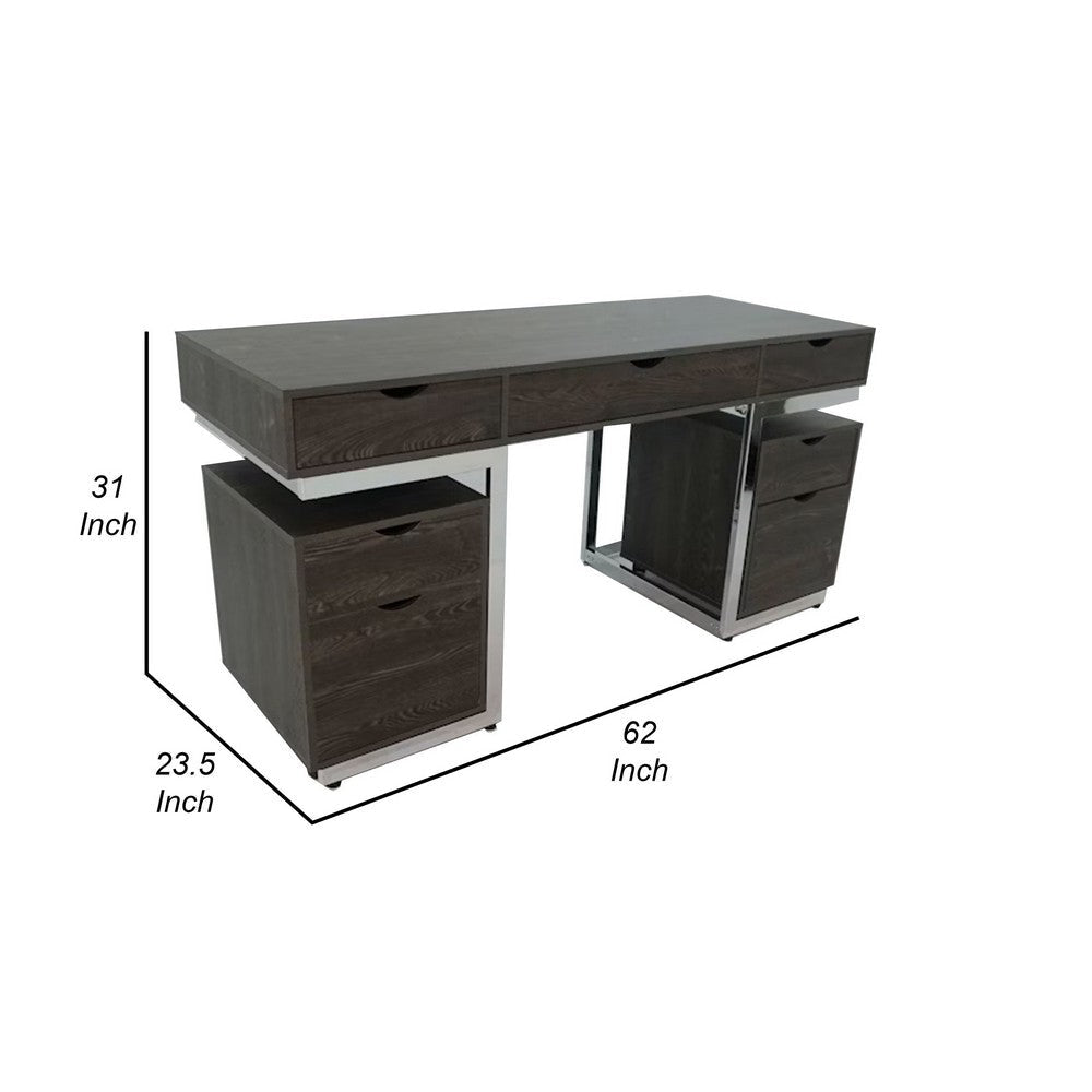 3 Piece Writing Desk with 2 File Cabinets Dark Oak Brown Chrome Frame By Casagear Home BM319130