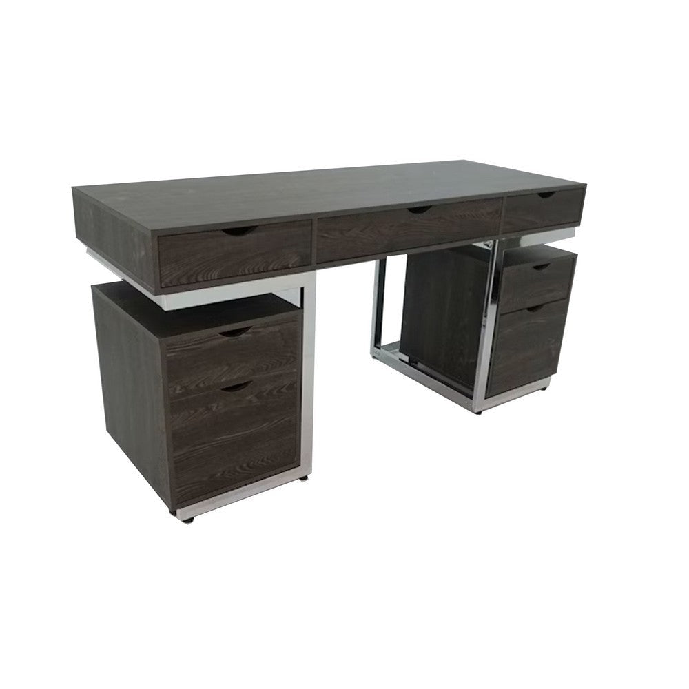 3 Piece Writing Desk with 2 File Cabinets, Dark Oak Brown, Chrome Frame By Casagear Home