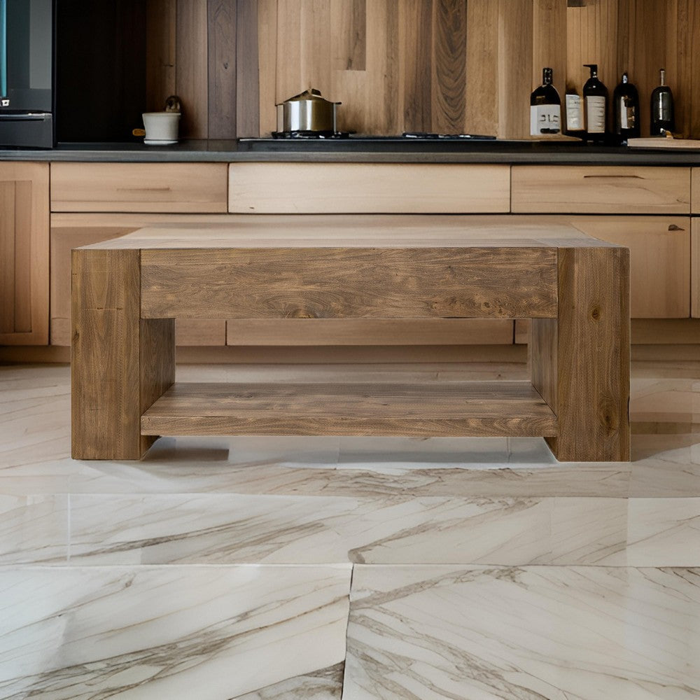 Fra Console Sofa Table with Shelf, 95 Inch Top in Brown Solid Wood By Casagear Home