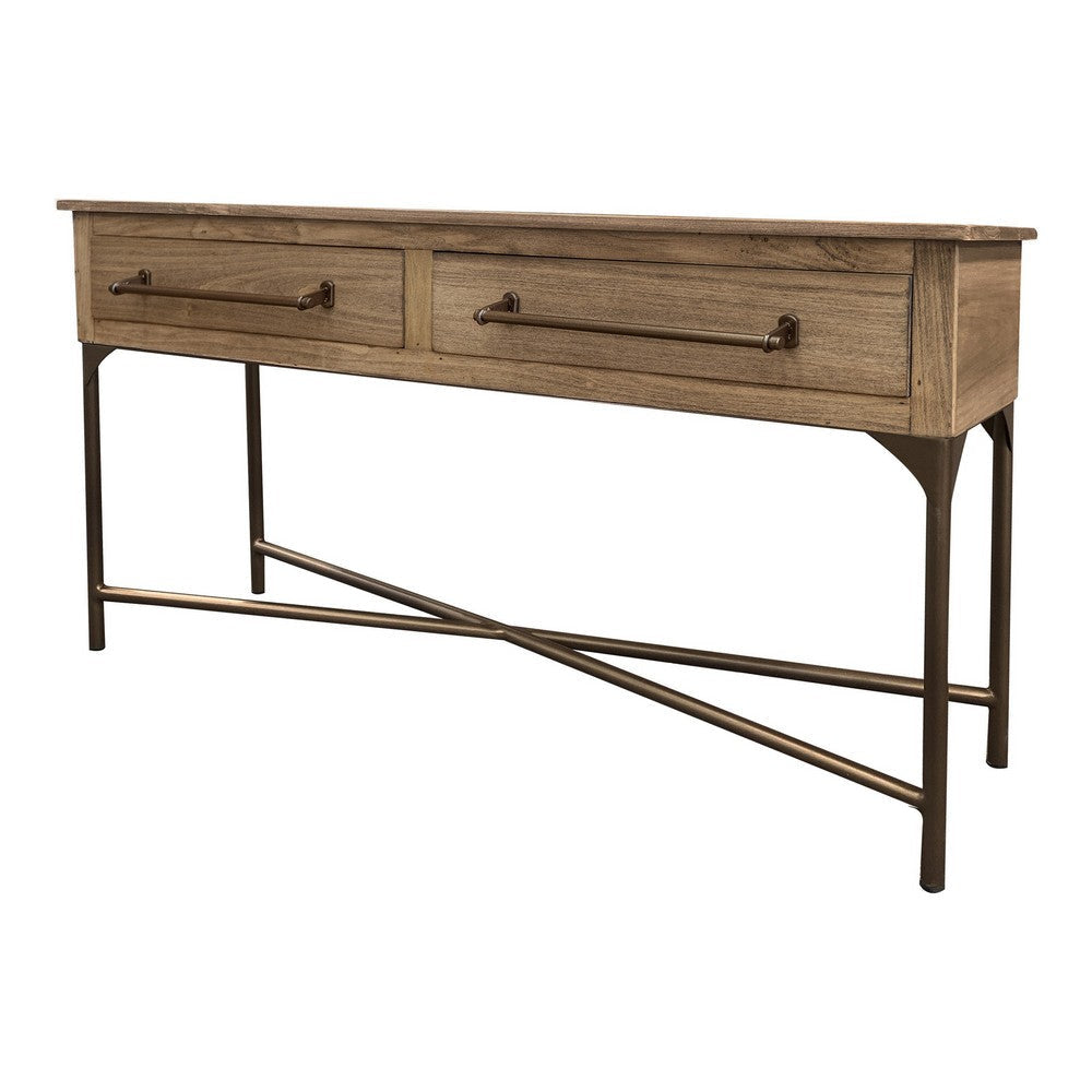 Bera 55 Inch Sofa Console Table Cross Metal Base 2 Drawers Brown Wood By Casagear Home BM319134