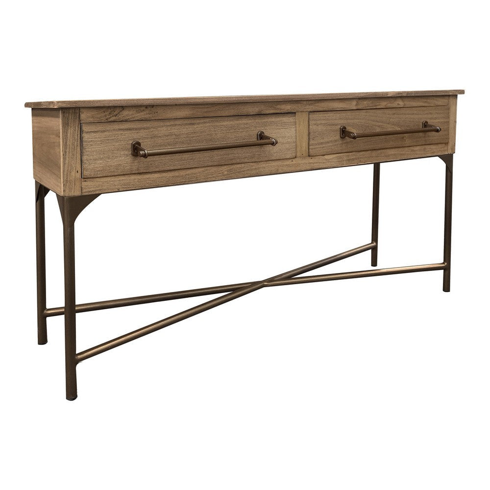 Bera 55 Inch Sofa Console Table Cross Metal Base 2 Drawers Brown Wood By Casagear Home BM319134