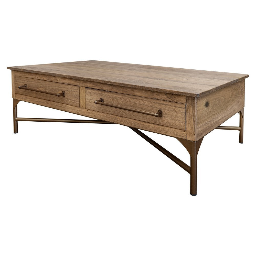 Bera 50 Inch Cocktail Coffee Table Cross Metal Base 2 Drawers Brown By Casagear Home BM319135