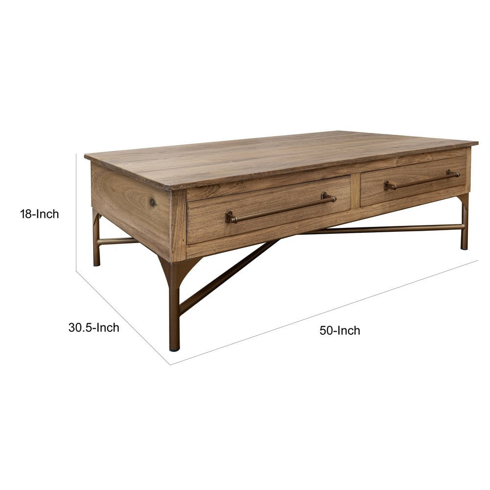 Bera 50 Inch Cocktail Coffee Table Cross Metal Base 2 Drawers Brown By Casagear Home BM319135