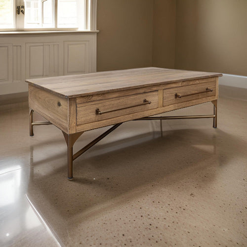 Bera 50 Inch Cocktail Coffee Table, Cross Metal Base, 2 Drawers, Brown By Casagear Home