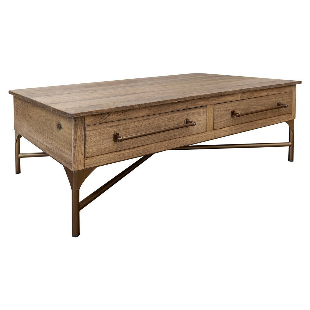 Bera 50 Inch Cocktail Coffee Table Cross Metal Base 2 Drawers Brown By Casagear Home BM319135