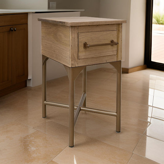 Bera 14 Inch Side End Table, Cross Metal Base, Drawer, Farmhouse Brown By Casagear Home