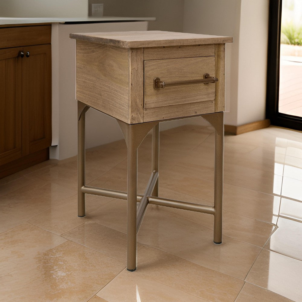 Bera 14 Inch Side End Table, Cross Metal Base, Drawer, Farmhouse Brown By Casagear Home