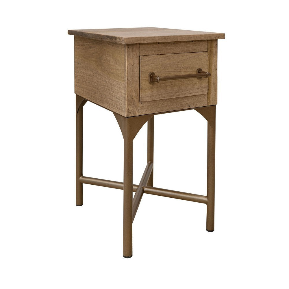 Bera 14 Inch Side End Table Cross Metal Base Drawer Farmhouse Brown By Casagear Home BM319136