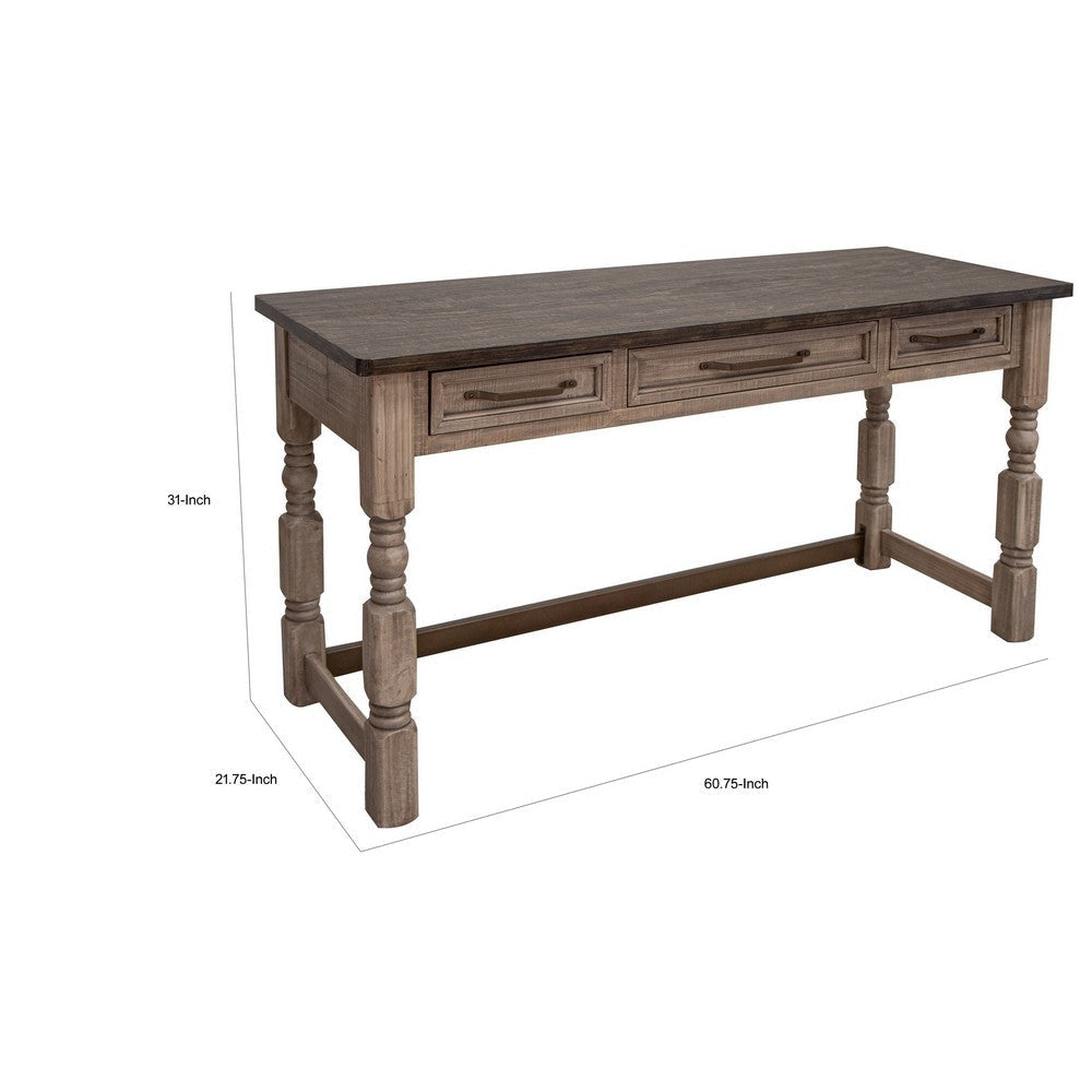 Nite Office Desk 3 Drawers 61 Inch Tabletop Farmhouse Turned Legs Brown By Casagear Home BM319137