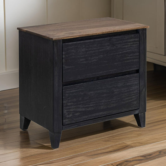 Kay 27 Inch Nightstand, 2 Drawers, Farmhouse Brown Black Finish Mango Wood By Casagear Home