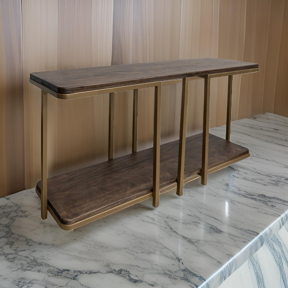 Nexa Sofa Table, Bottom Shelf, 60 Inch Rectangular Top, Brown, Gold Metal By Casagear Home