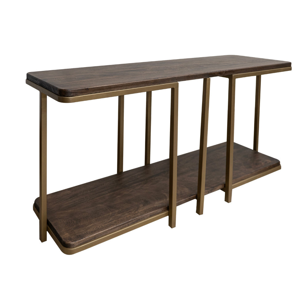 Nexa Sofa Table, Bottom Shelf, 60 Inch Rectangular Top, Brown, Gold Metal By Casagear Home